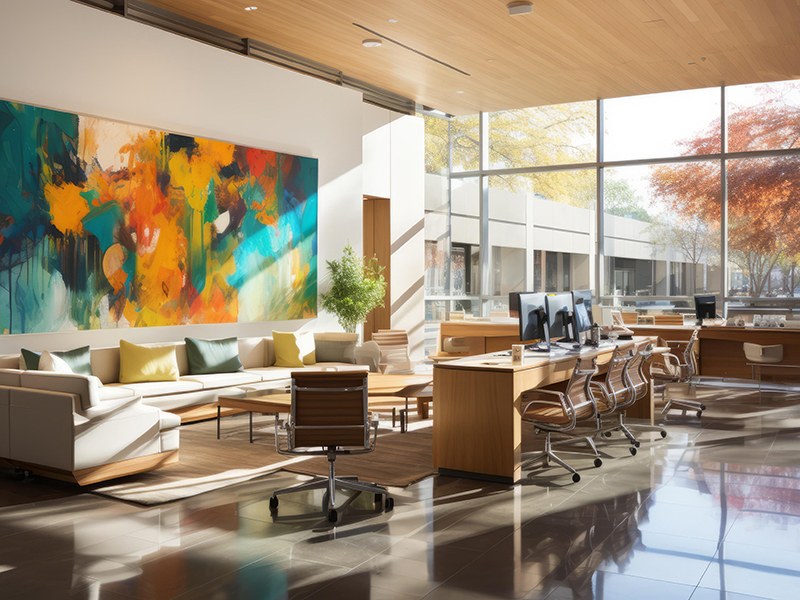 Professional office workspace with laptop and business materials